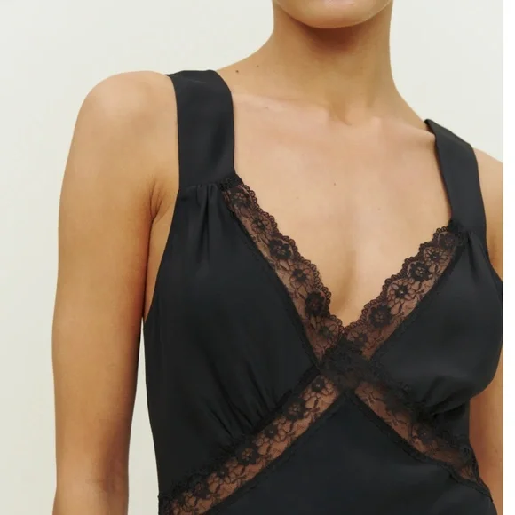 Reformation Provence Silk Midi Dress - Black Noir Lace Trim Soft Cocktail Party - Picture 11 of 12